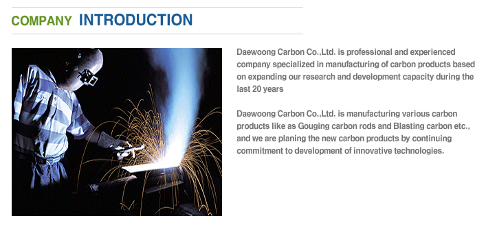 
				COMPANY INTRODUCTION					
				Daewoong Carbon Co., Ltd. Is professional and experienced company specialized in manufacturing carbon products based on expanding our research and development capacity durign the last 20 years. 
				Daewoong Carbon Co., Ltd is manufacturing various carbon products such as Gouging carbon rods and Blasting carbon rods, etc., and we are planning the new carbon products by continuing commitment to development of innovative technologies.	